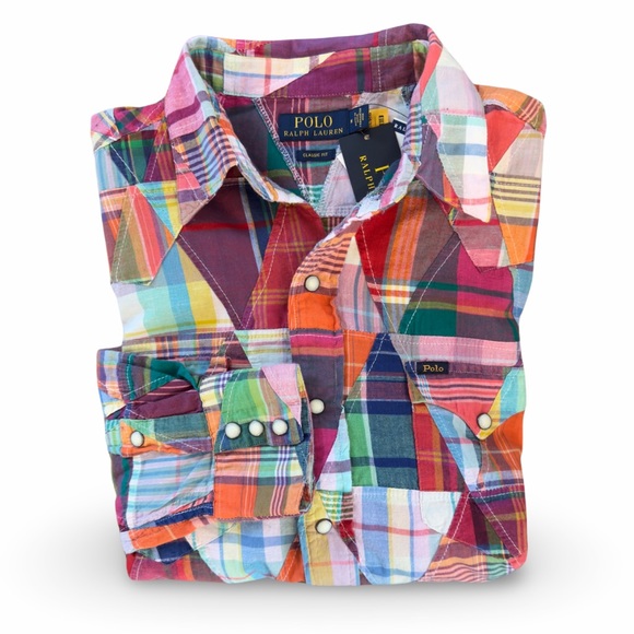 Polo Ralph Lauren Cotton Madras Classic Fit Patchwork Pearl Snap Button Shirt - Picture 11 of 12